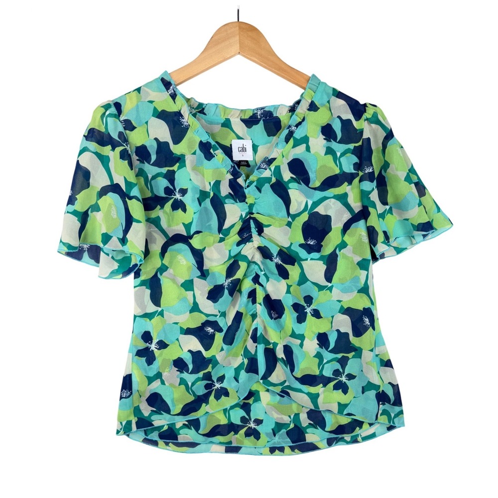 Cabi Trixie Multi Print V-neck Blouse size Small Green/Blue Style: 6087